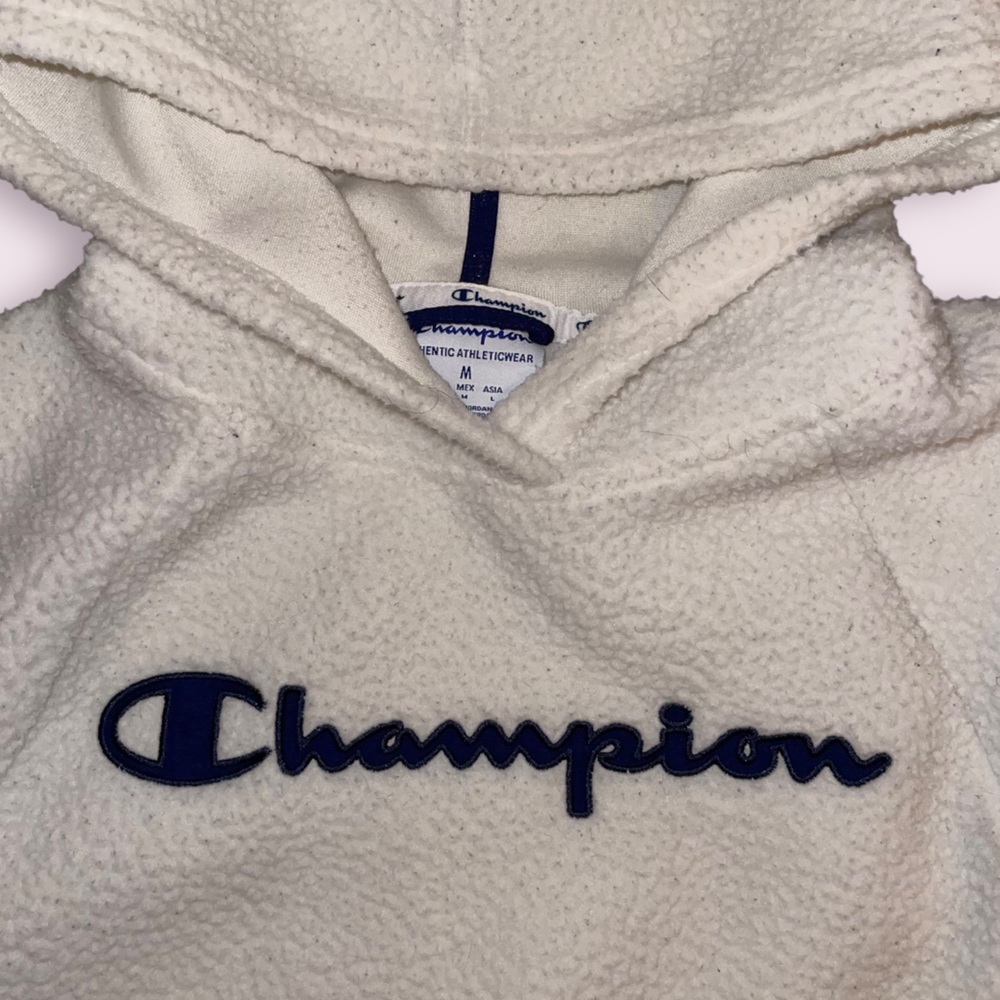 Champion Logo Sherpa Fleece Pullover Hooded Sweater Kangaroo Pouch Size Women M - Picture 3 of 5